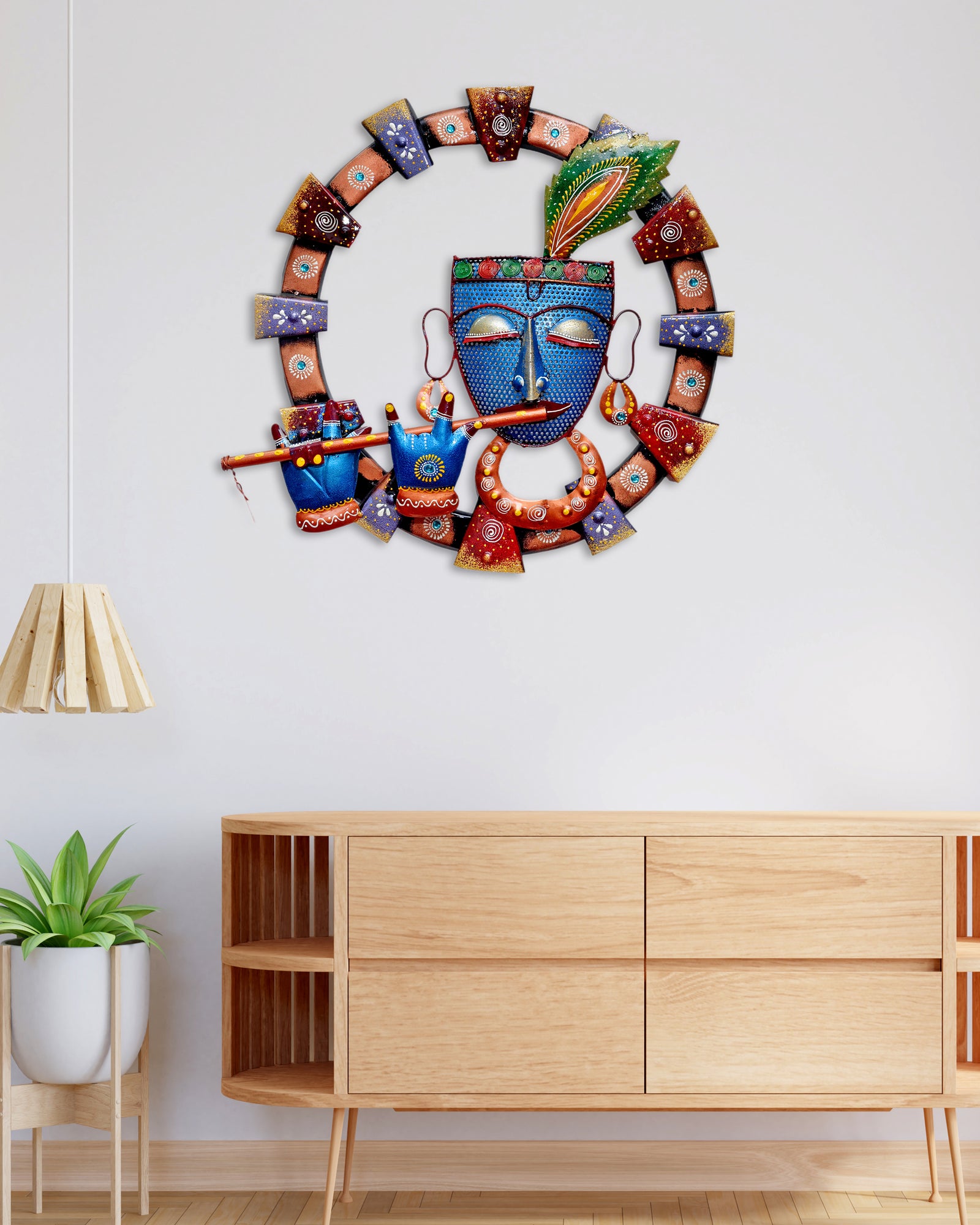 Metal Krishna Playing Flute Wall Art for Home Decor & Gift 19 x 19 Inch