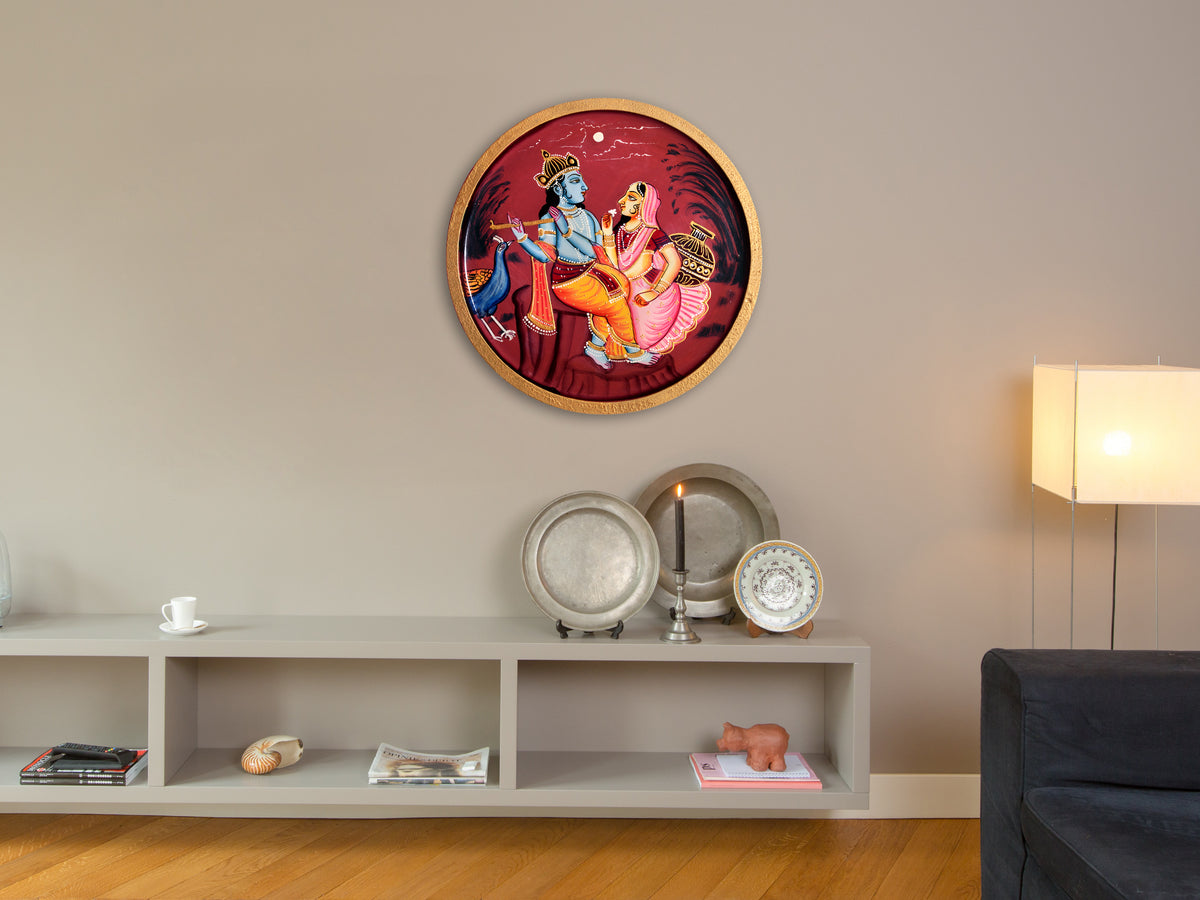 Handpainted Radha Krishna Pichwai Wooden Wall Plate For Home Decor