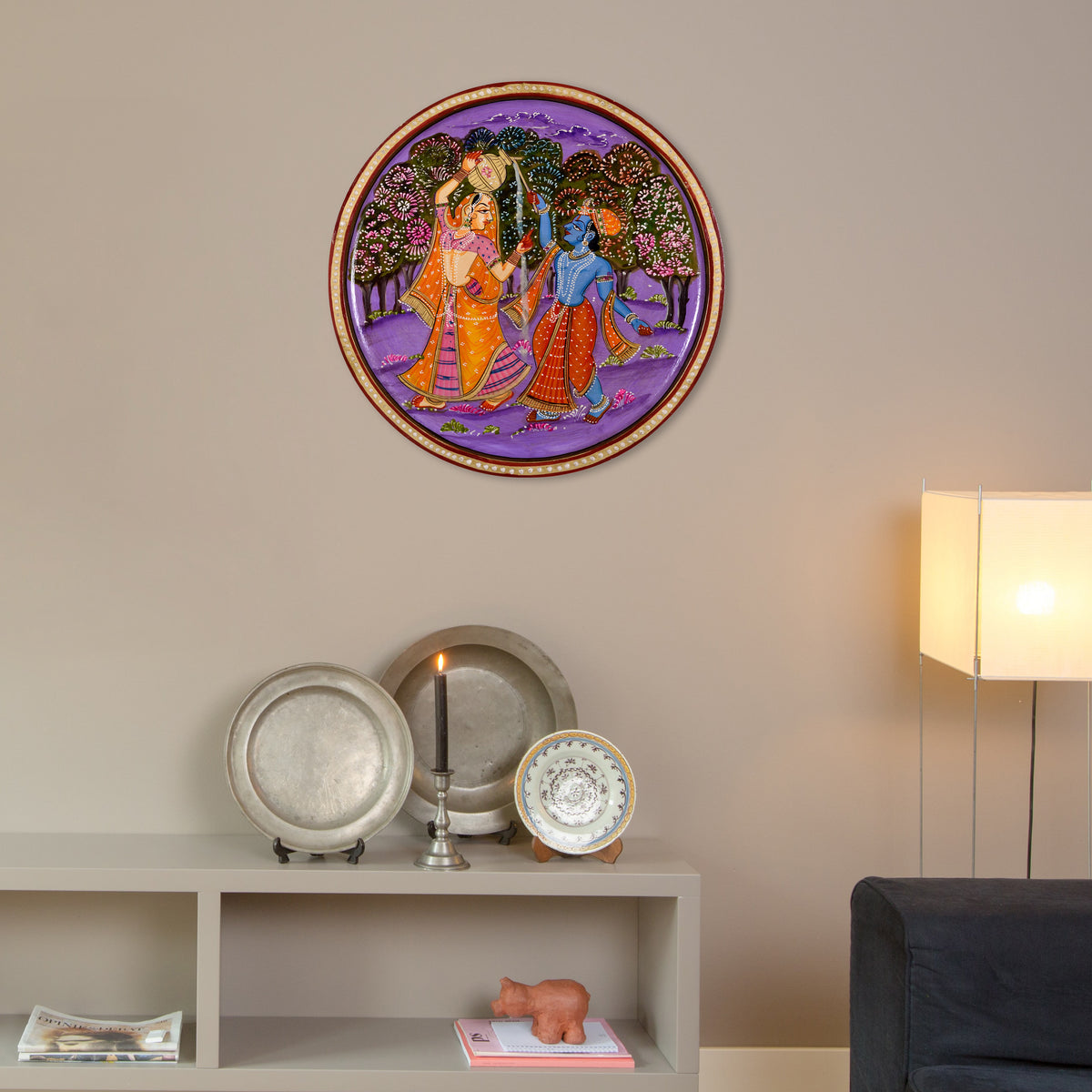 Wooden Radha Krishna Pichwai Wall Plate Set of 2 Traditional Indian Art