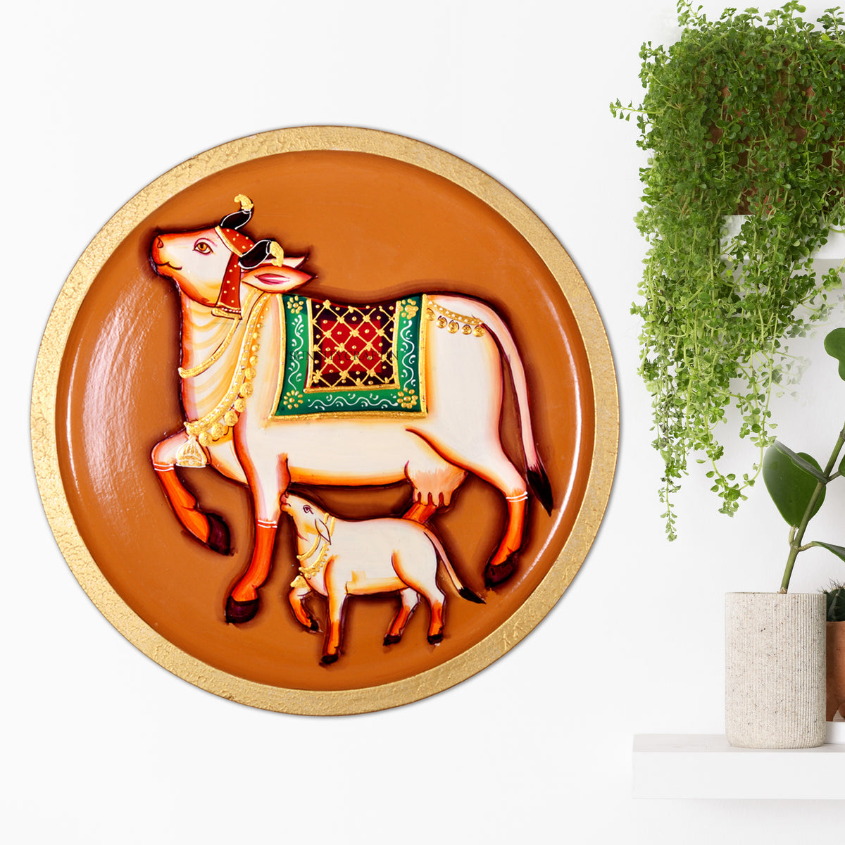 Pichwai Kamdhenu Cow With Calf Wall Plate, Home Warmimg Gift, Holy Cow Idol, Ethnic Wall Art