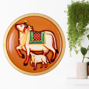 Pichwai Kamdhenu Cow With Calf Wall Plate, Home Warmimg Gift, Holy Cow Idol, Ethnic Wall Art