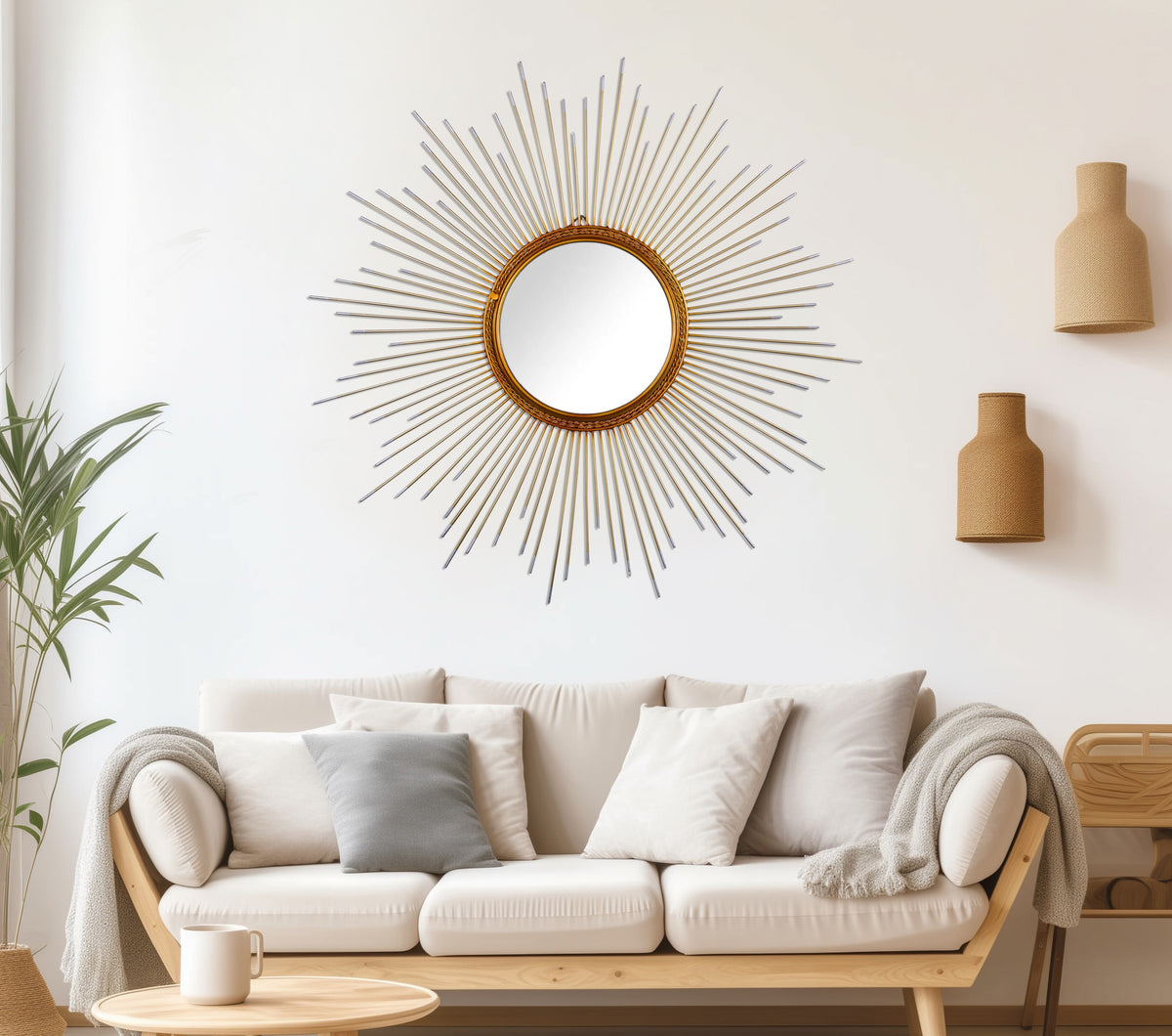 Gold Sunburst Wall Mirror | Modern Metal Decorative Mirror for Home Decor