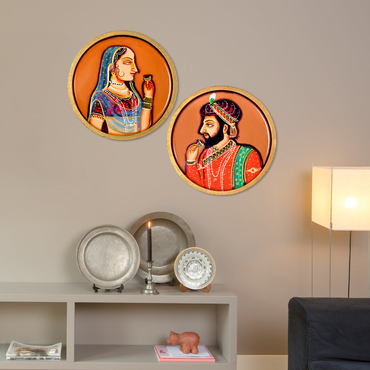 Hand-Painted Pichwai Mughal Raja Rani Wooden Wall Plate, Indian Folk Art