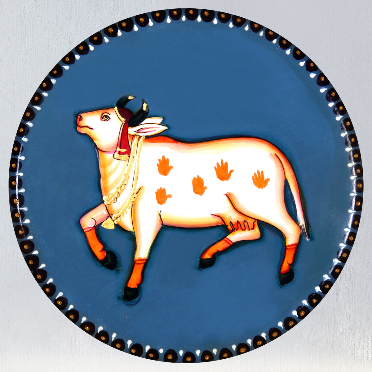 Wooden Radha Krishna Flute Wall Decor, Pichwai Cow Painting For Home Decor