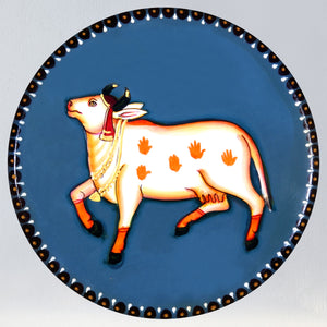 Wooden Radha Krishna Flute Wall Decor, Pichwai Cow Painting For Home Decor