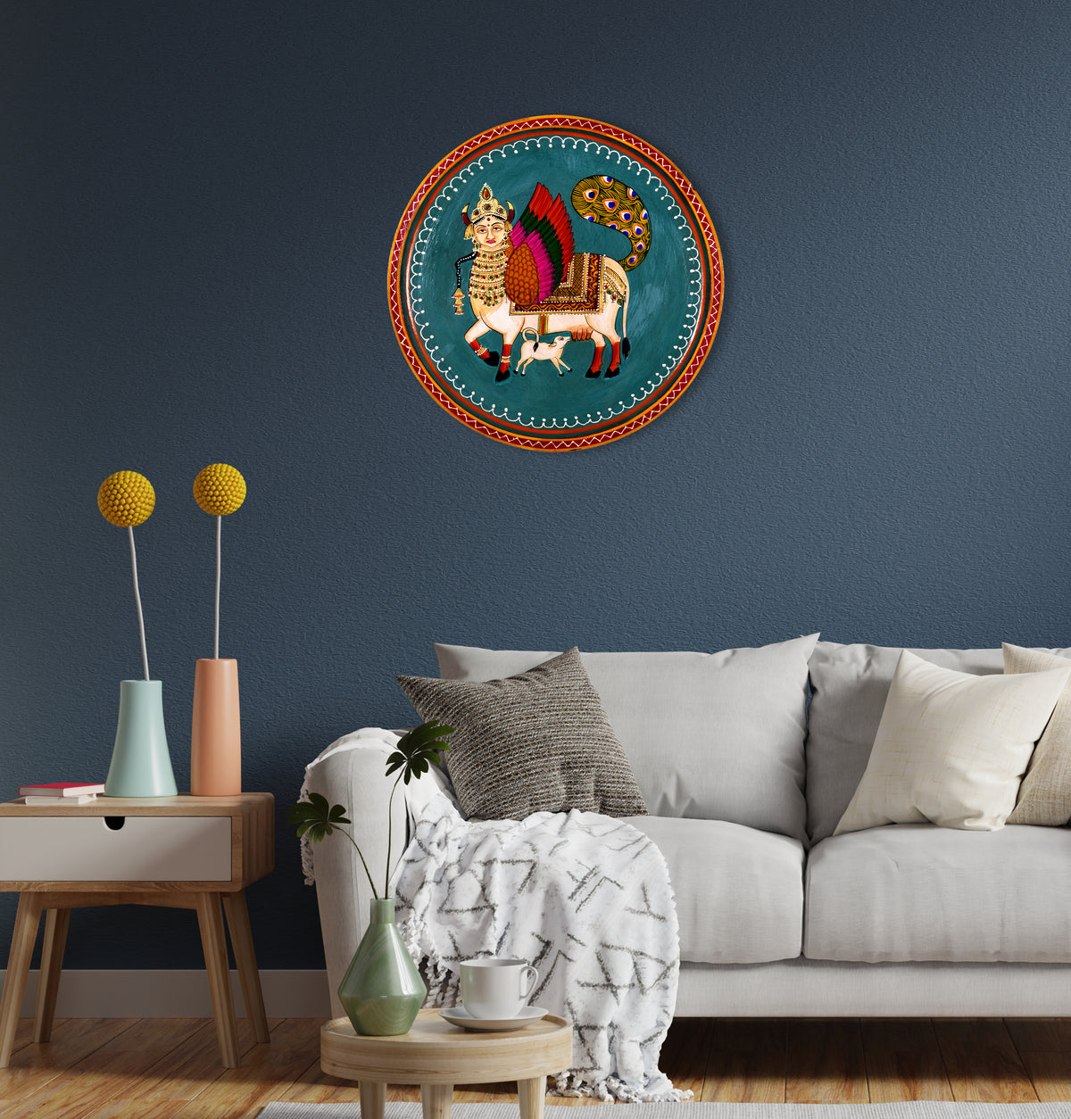 Handpainted Kamdhenu Cow Wooden Wall Plate, Homewarmimg Gift, Holy Cow Idol, Ethnic Wall Art