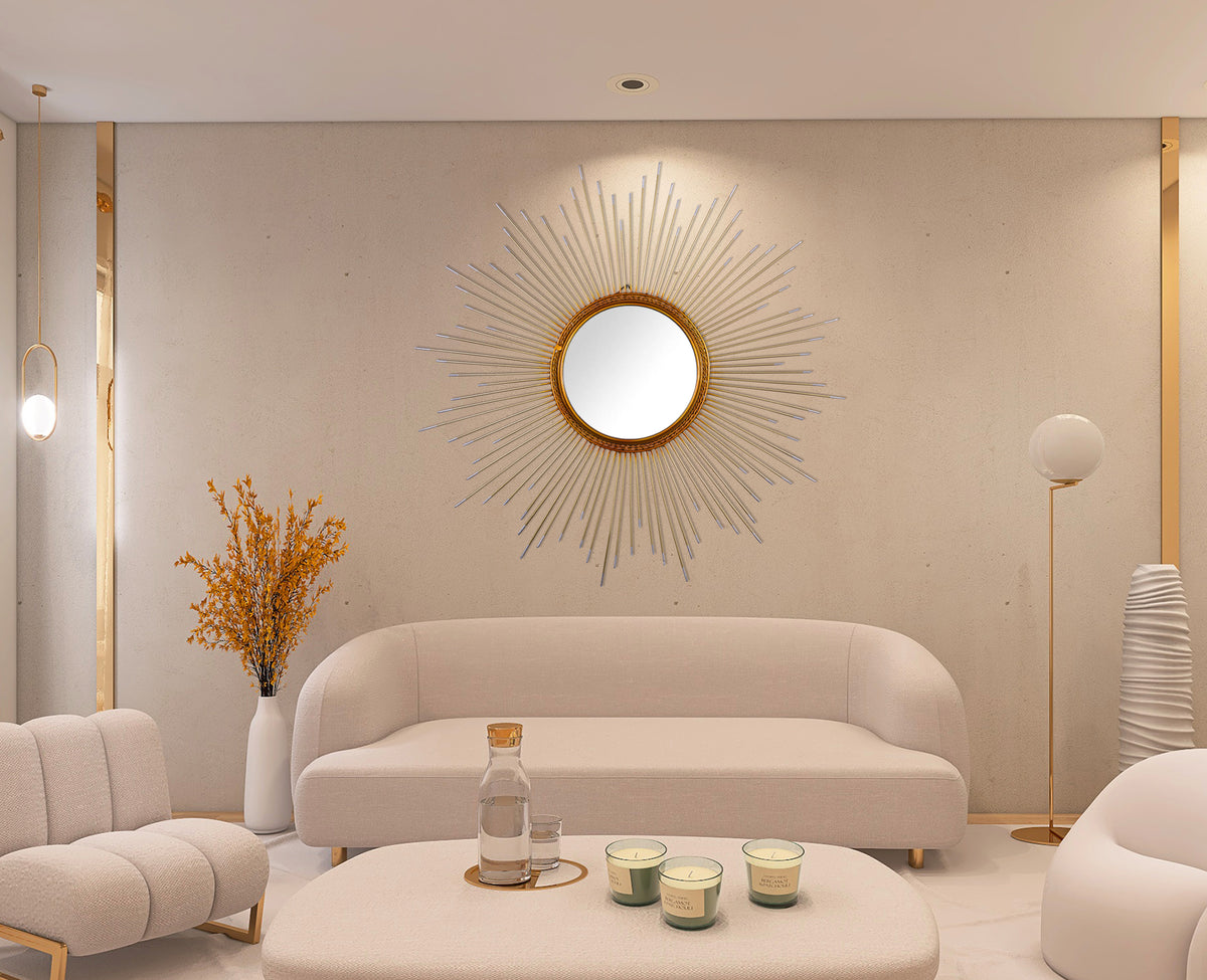 Gold Sunburst Wall Mirror | Modern Metal Decorative Mirror for Home Decor
