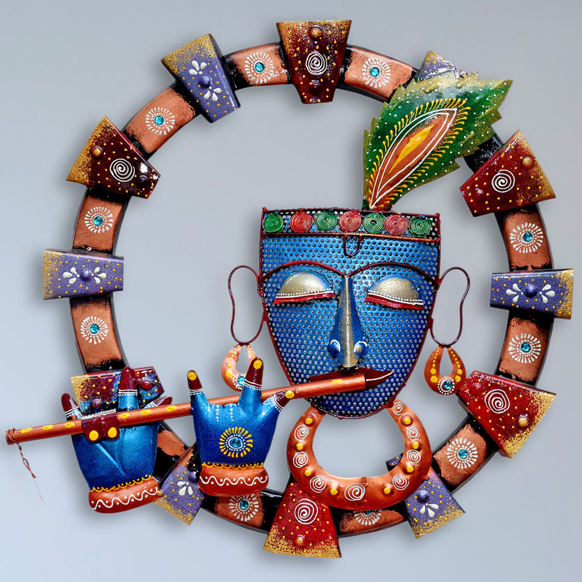 Metal Krishna Playing Flute Wall Art for Home Decor & Gift 19 x 19 Inch