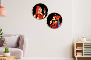 Rajput Raja Rani Pichwai Painting For Traditional Indian Wall Decor Wooden Plate Set of 2