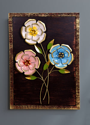 Metal Luxury Flower Wall Art with Wooden Frame for Home Decor