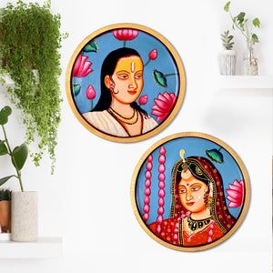 Handpainted Indian Vintage Married Couple Wooden Wall Plate