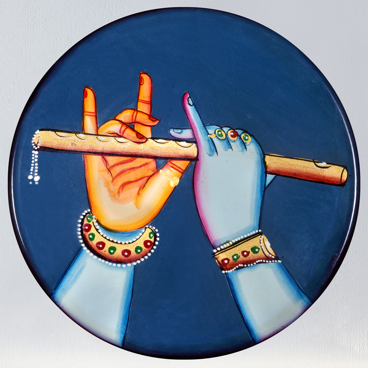 Wooden Radha Krishna Flute Wall Decor, Pichwai Cow Painting For Home Decor