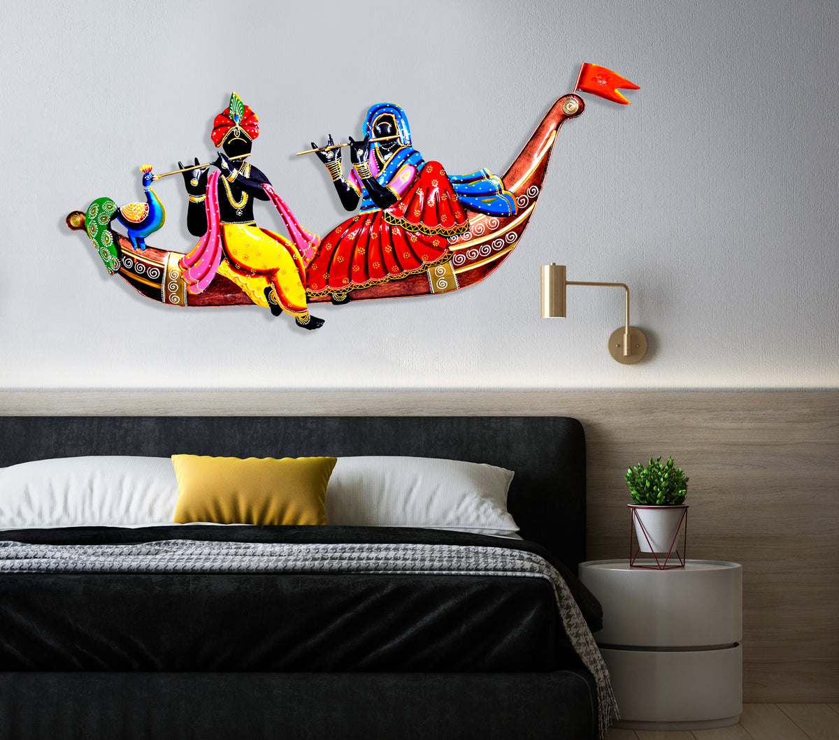 Metal Radha Krishna Musician Boat Wall Hanging For Home Decor