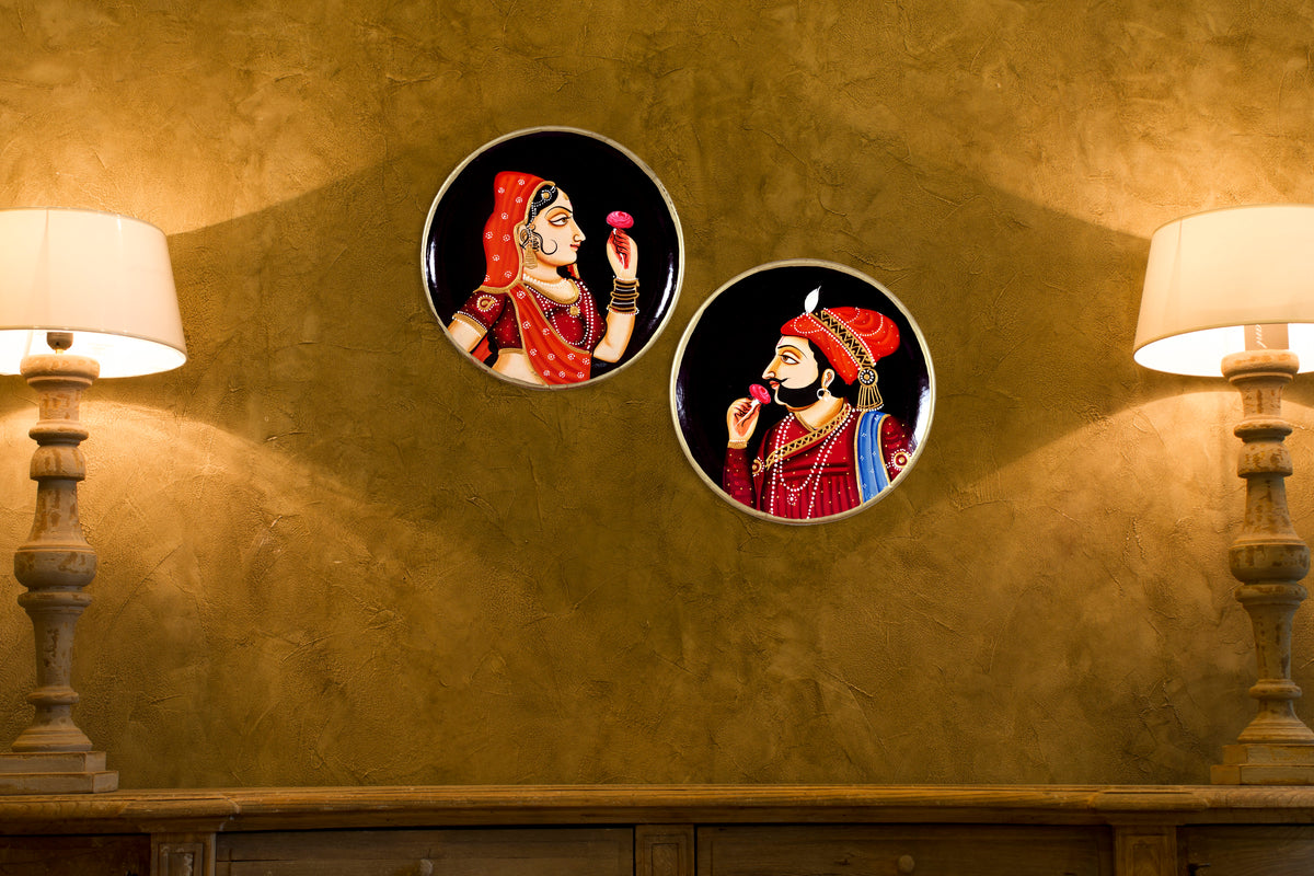 Rajput Raja Rani Pichwai Painting For Traditional Indian Wall Decor Wooden Plate Set of 2