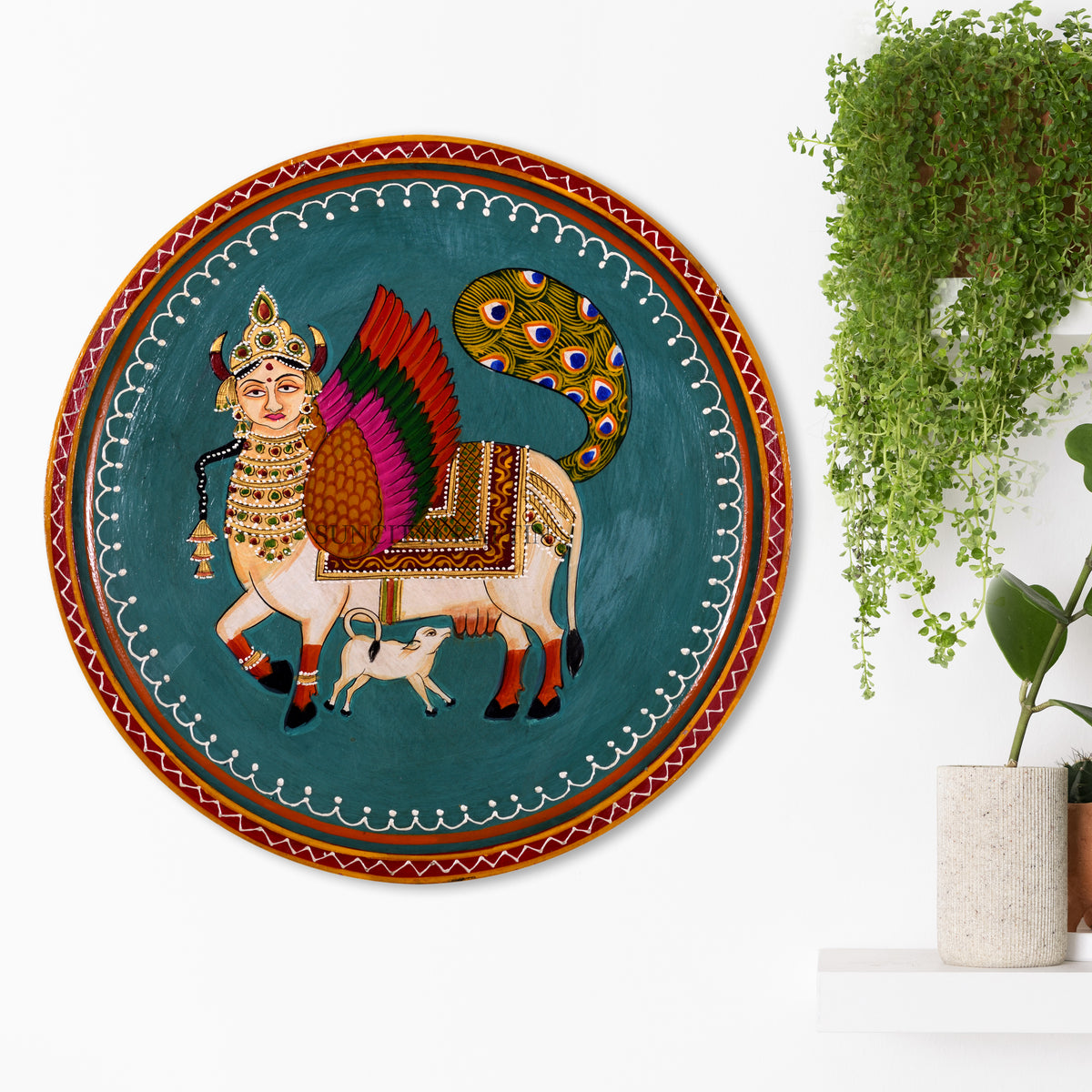 Handpainted Kamdhenu Cow Wooden Wall Plate, Homewarmimg Gift, Holy Cow Idol, Ethnic Wall Art