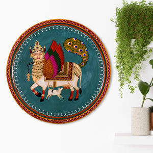 Handpainted Kamdhenu Cow Wooden Wall Plate, Homewarmimg Gift, Holy Cow Idol, Ethnic Wall Art