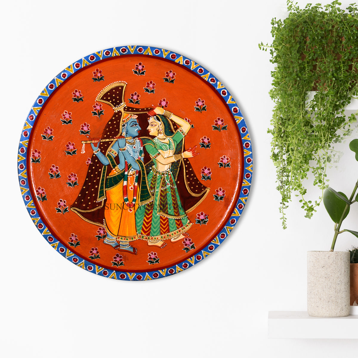 Handpainted Radha Krishna Wooden Wall Decor, Pichwai Wooden Wall Plate