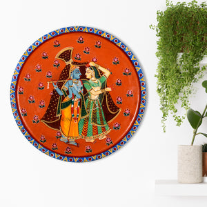 Handpainted Radha Krishna Wooden Wall Decor, Pichwai Wooden Wall Plate