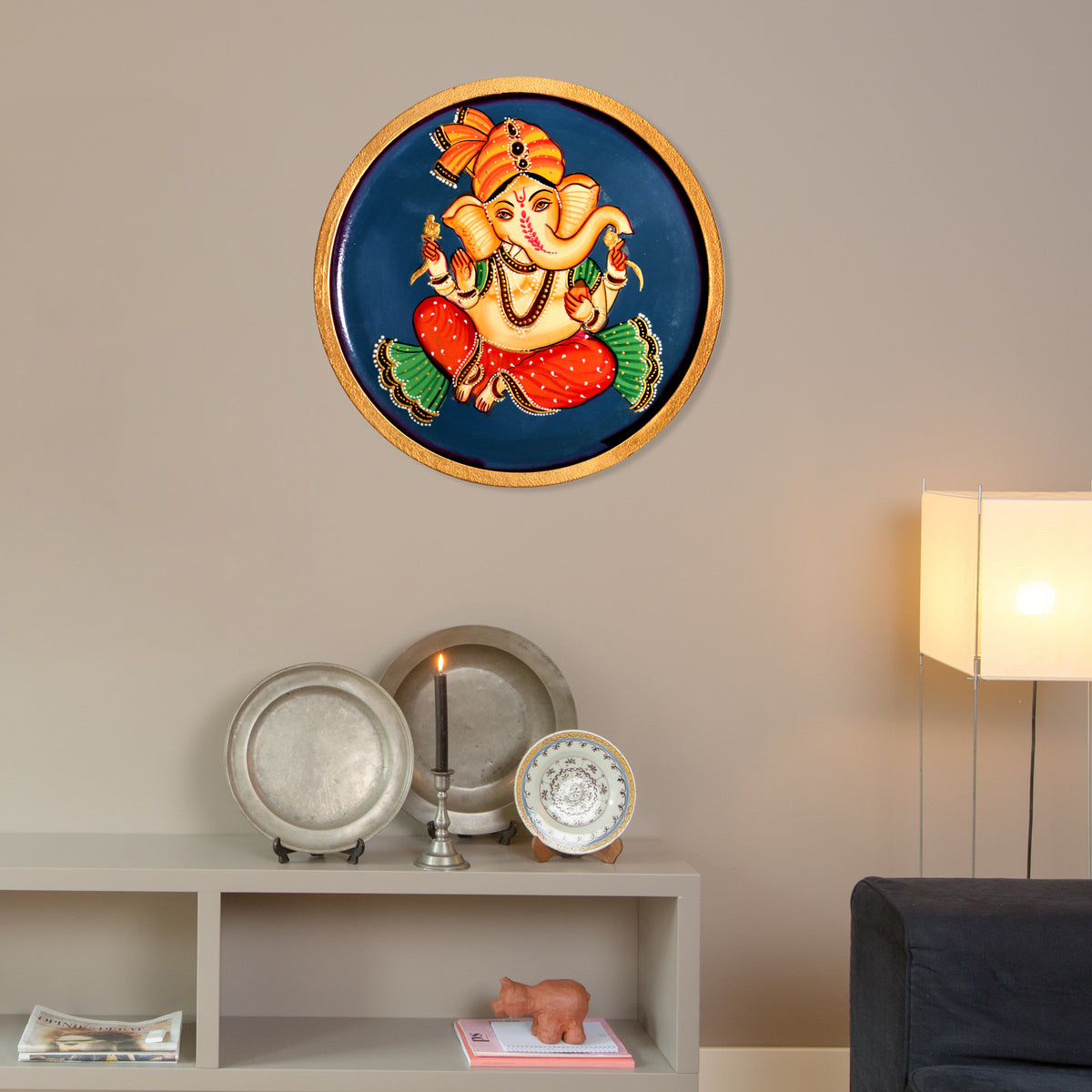Kalamkari Lord Ganesha Wooden Wall Art, Hindu Decor, 10-Inch