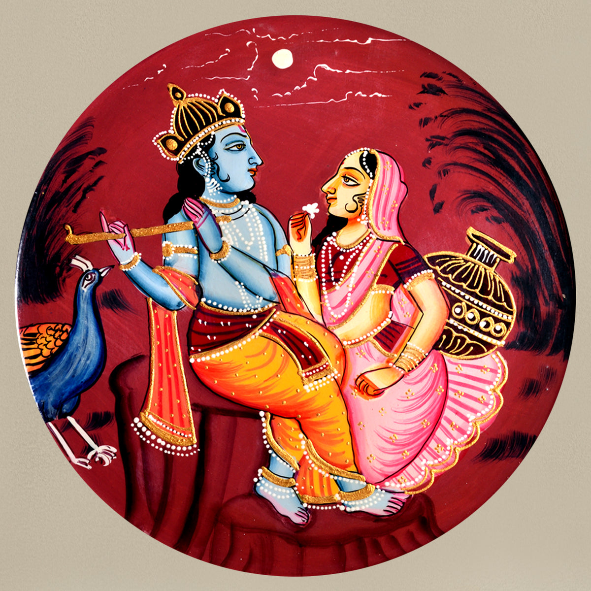 Handpainted Radha Krishna Pichwai Wooden Wall Plate For Home Decor