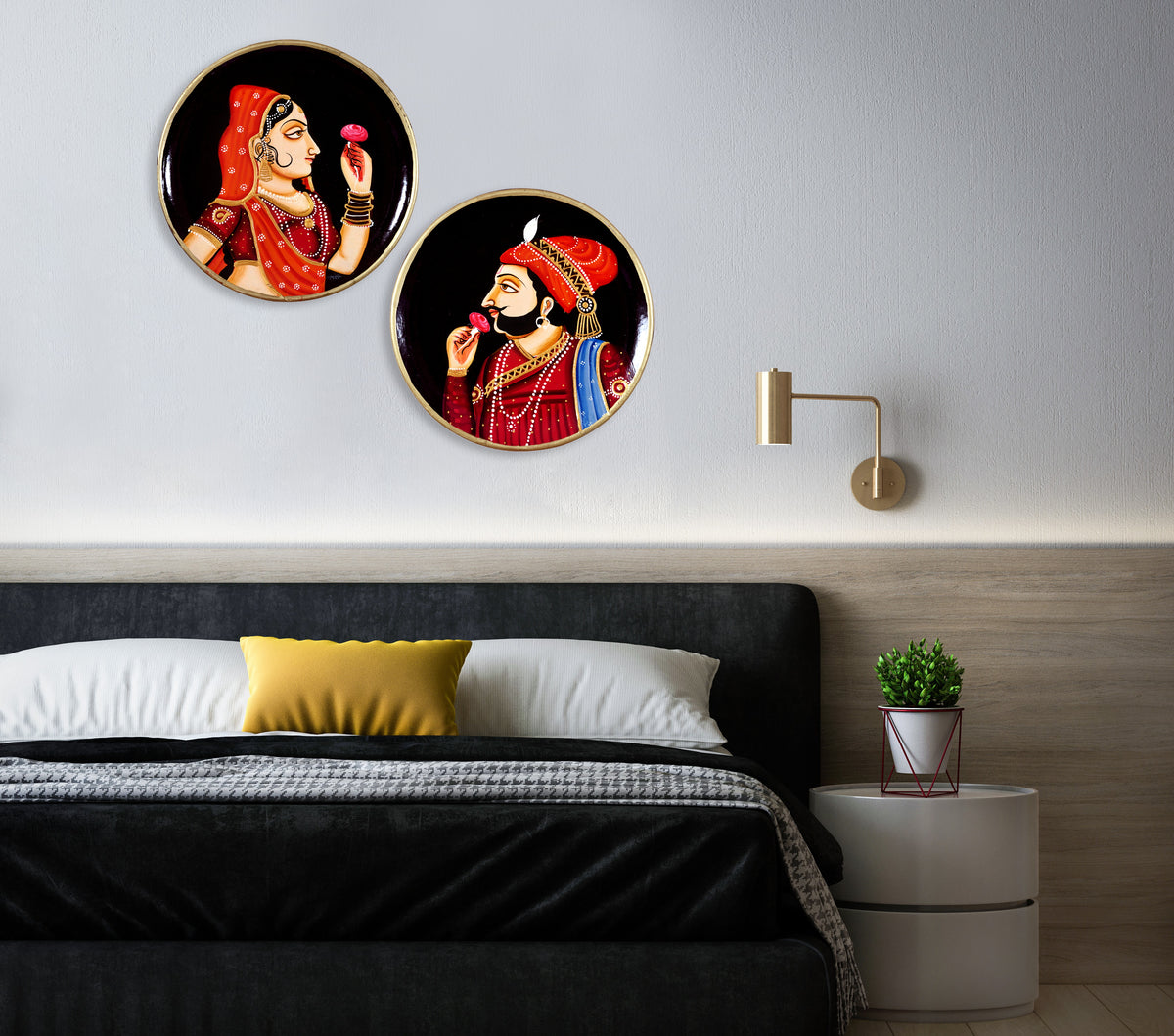 Rajput Raja Rani Pichwai Painting For Traditional Indian Wall Decor Wooden Plate Set of 2