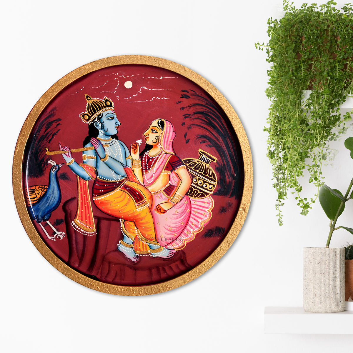 Handpainted Radha Krishna Pichwai Wooden Wall Plate For Home Decor
