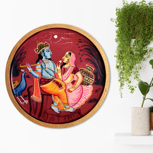 Handpainted Radha Krishna Pichwai Wooden Wall Plate For Home Decor