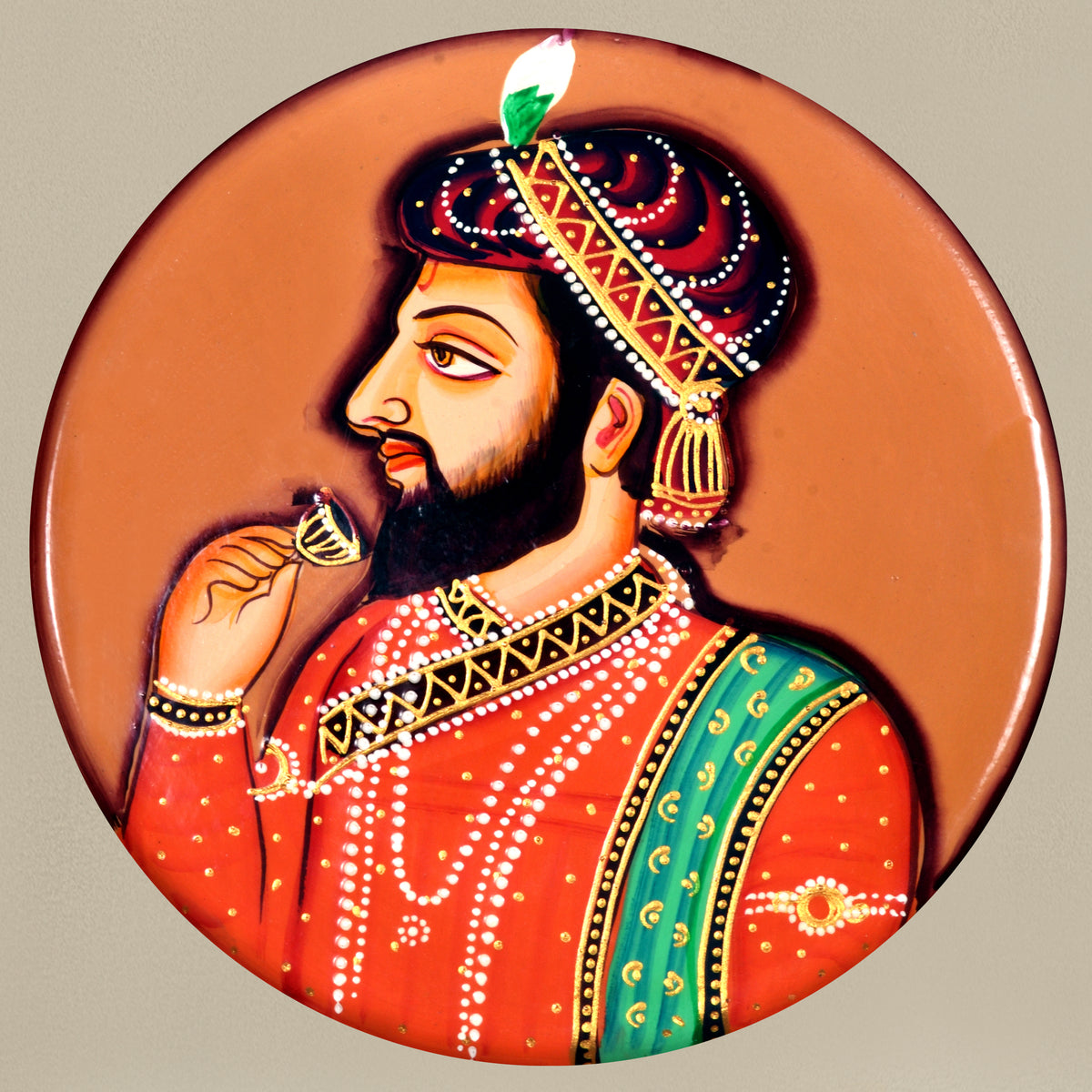 Hand-Painted Pichwai Mughal Raja Rani Wooden Wall Plate, Indian Folk Art