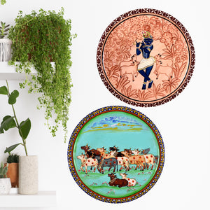 Wooden Krishna Pichwai Wall Plate Set of 2 Kamdhenu Cow For Home Decor