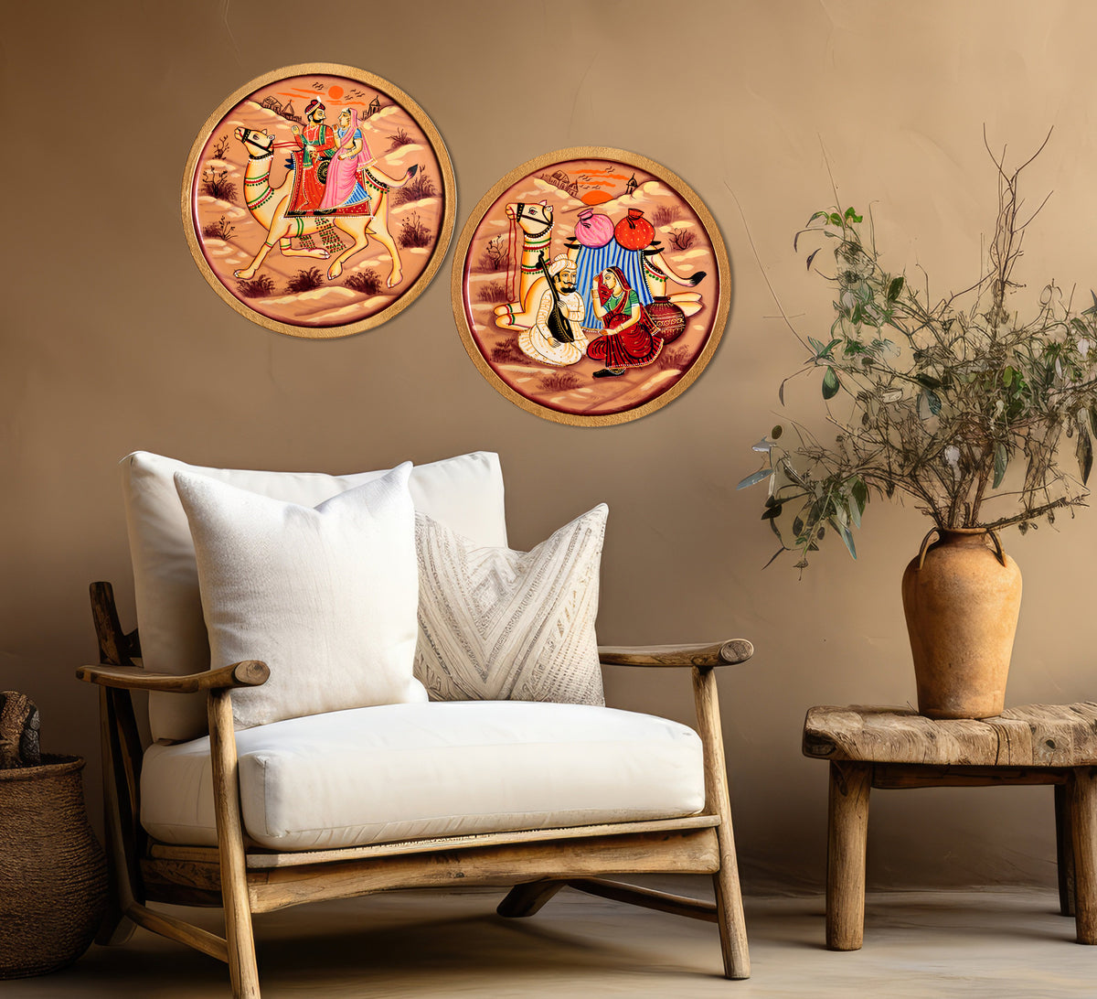 Hand-Painted Rajasthani Tribals with Camel, Traditional Indian Art, Cultural Wall Decor, Ethnic Wall Art