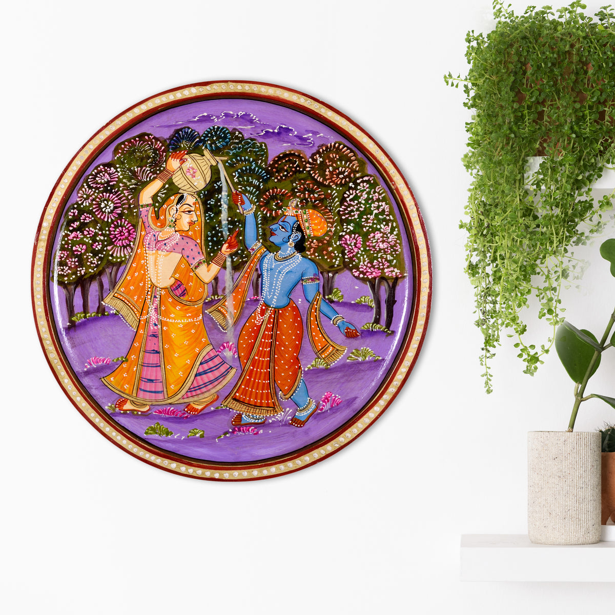 Wooden Radha Krishna Pichwai Wall Plate Set of 2 Traditional Indian Art
