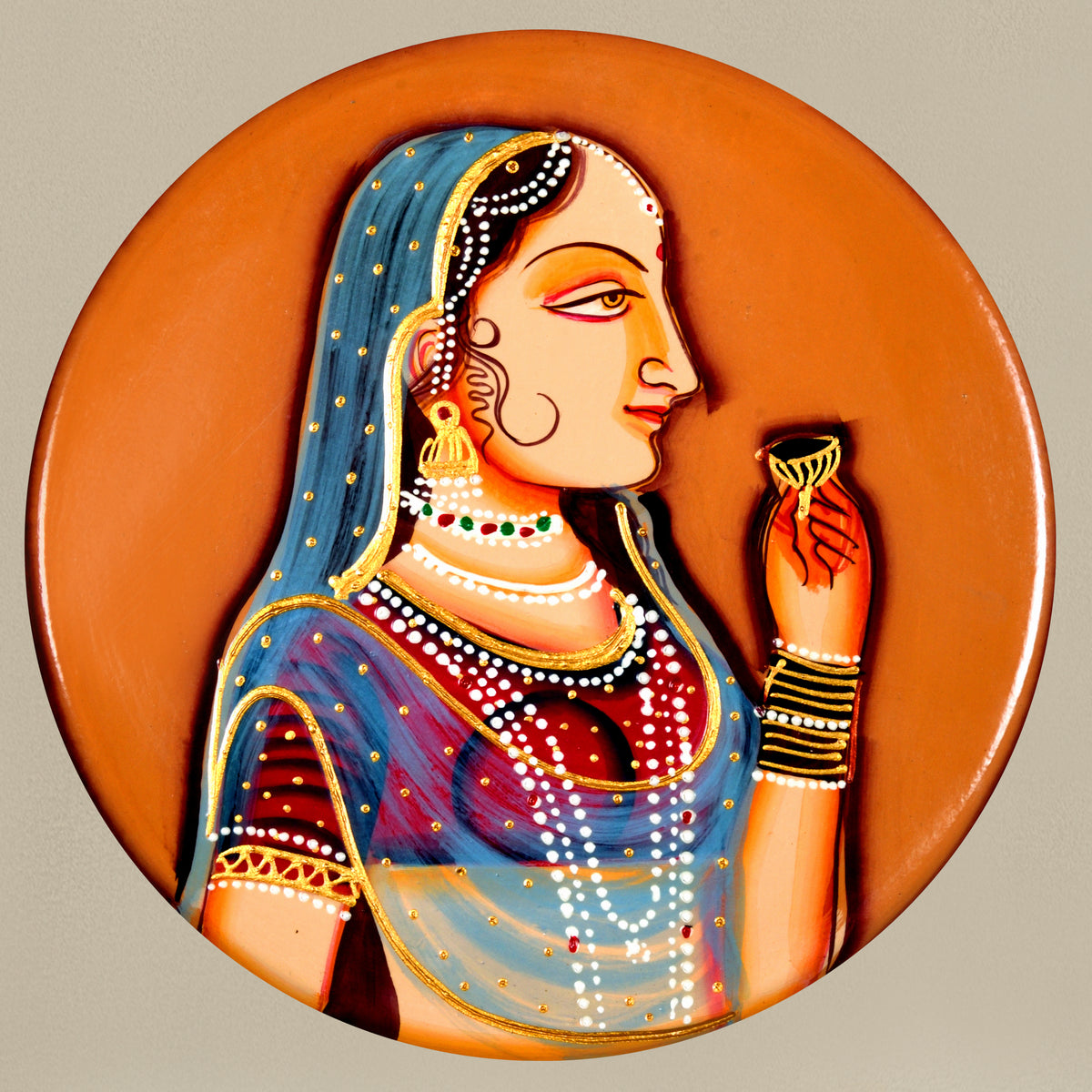 Hand-Painted Pichwai Mughal Raja Rani Wooden Wall Plate, Indian Folk Art