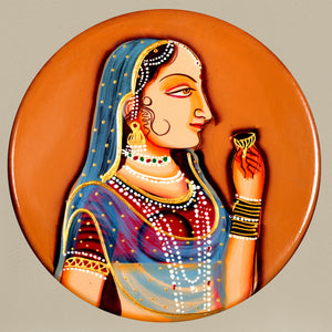 Hand-Painted Pichwai Mughal Raja Rani Wooden Wall Plate, Indian Folk Art