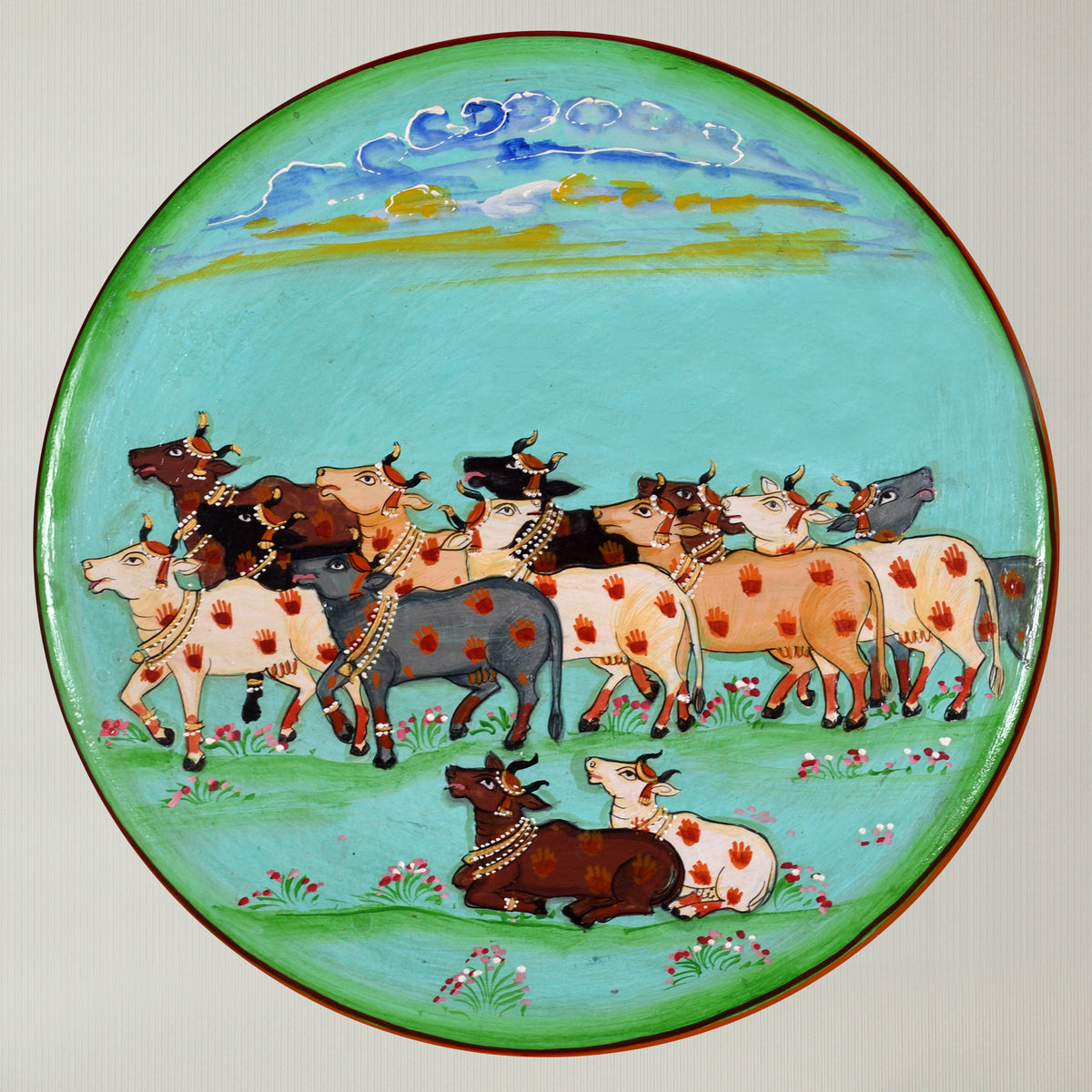 Wooden Krishna Pichwai Wall Plate Set of 2 Kamdhenu Cow For Home Decor