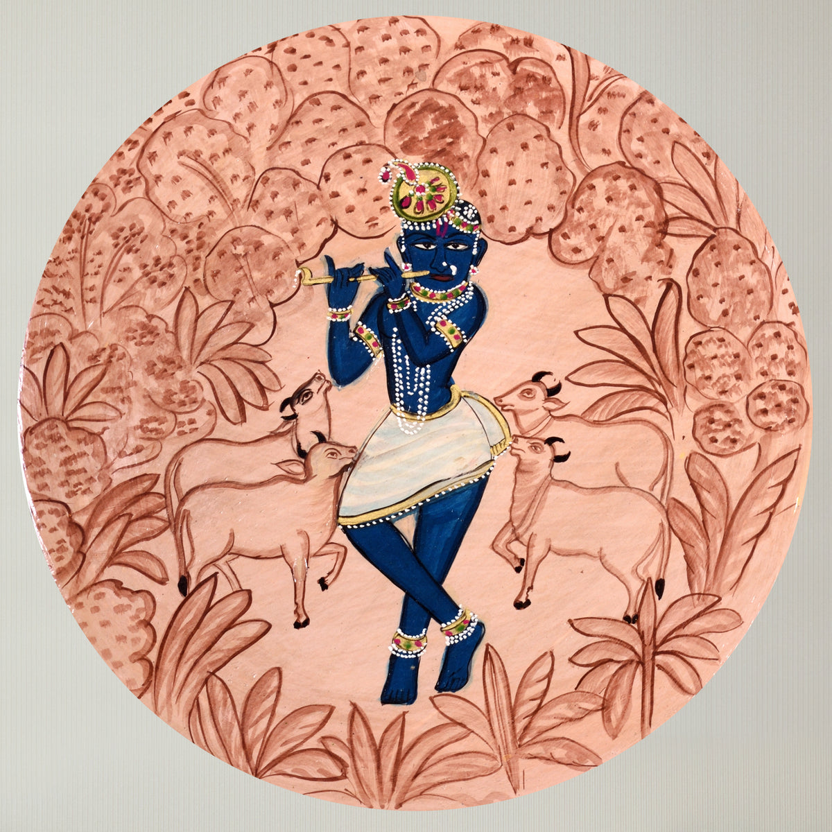 Wooden Krishna Pichwai Wall Plate Set of 2 Kamdhenu Cow For Home Decor