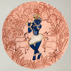 Wooden Krishna Pichwai Wall Plate Set of 2 Kamdhenu Cow For Home Decor