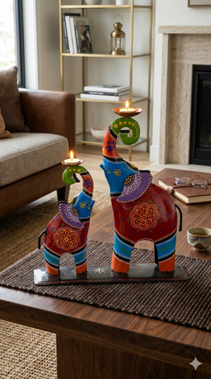Metal Indian Elephant Tea Light Holder Wrought Iron Showpiece