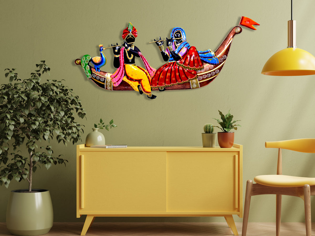 Metal Radha Krishna Musician Boat Wall Hanging For Home Decor