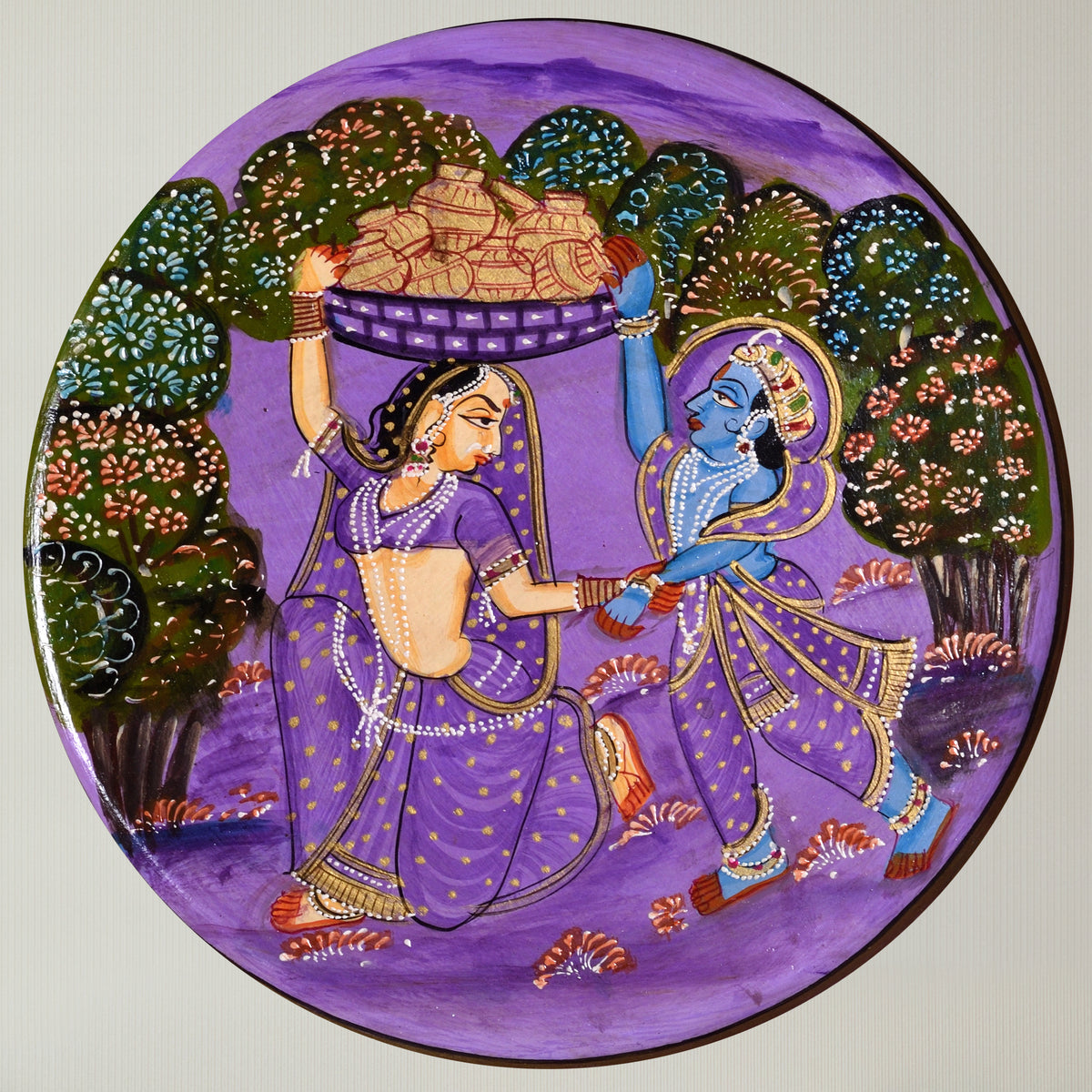 Hand-Painted Radha Krishna Wooden Wall Decor For Traditional Indian Art