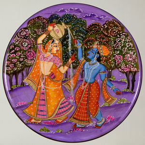 Wooden Radha Krishna Pichwai Wall Plate Set of 2 Traditional Indian Art