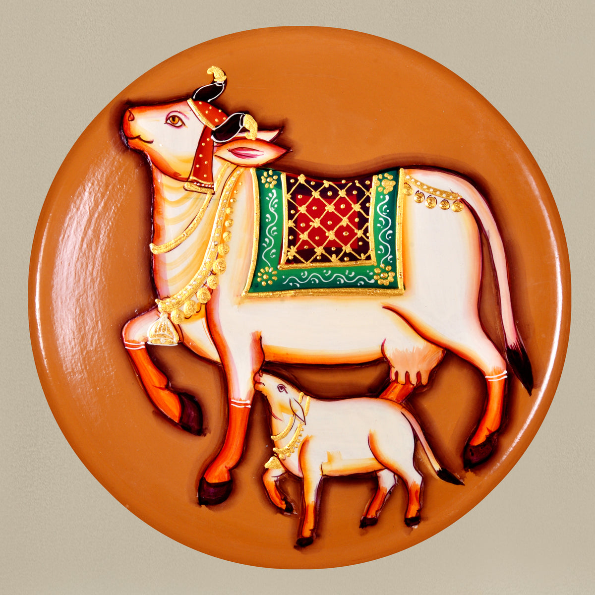 Pichwai Kamdhenu Cow With Calf Wall Plate, Home Warmimg Gift, Holy Cow Idol, Ethnic Wall Art