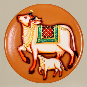 Pichwai Kamdhenu Cow With Calf Wall Plate, Home Warmimg Gift, Holy Cow Idol, Ethnic Wall Art