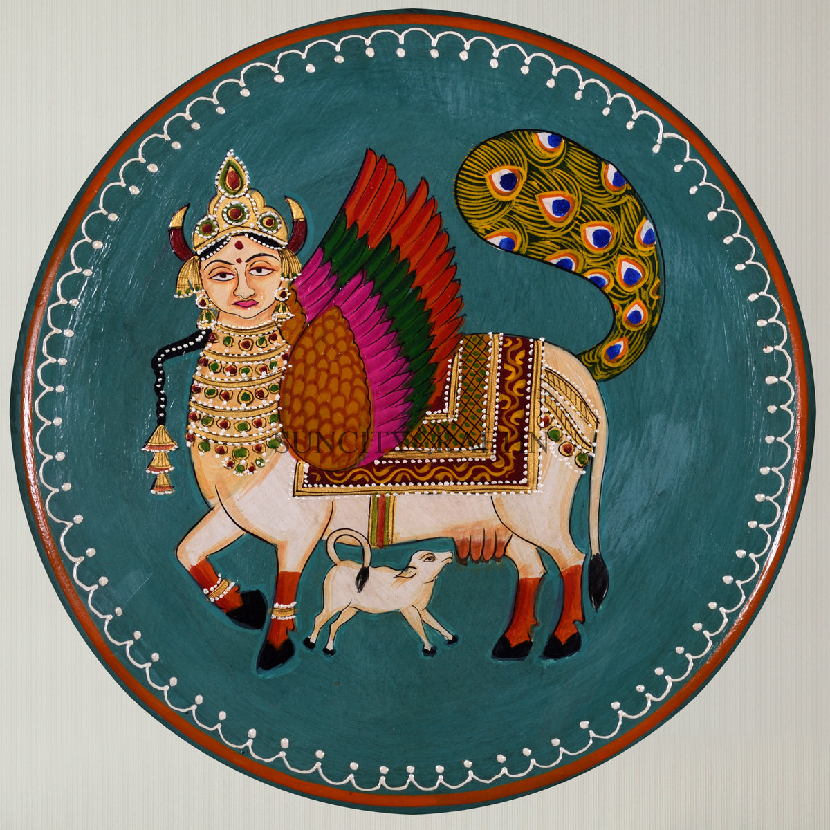 Handpainted Kamdhenu Cow Wooden Wall Plate, Homewarmimg Gift, Holy Cow Idol, Ethnic Wall Art