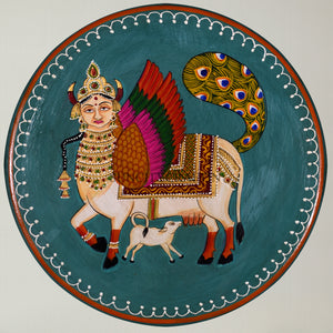 Handpainted Kamdhenu Cow Wooden Wall Plate, Homewarmimg Gift, Holy Cow Idol, Ethnic Wall Art