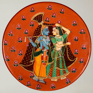 Handpainted Radha Krishna Wooden Wall Decor, Pichwai Wooden Wall Plate