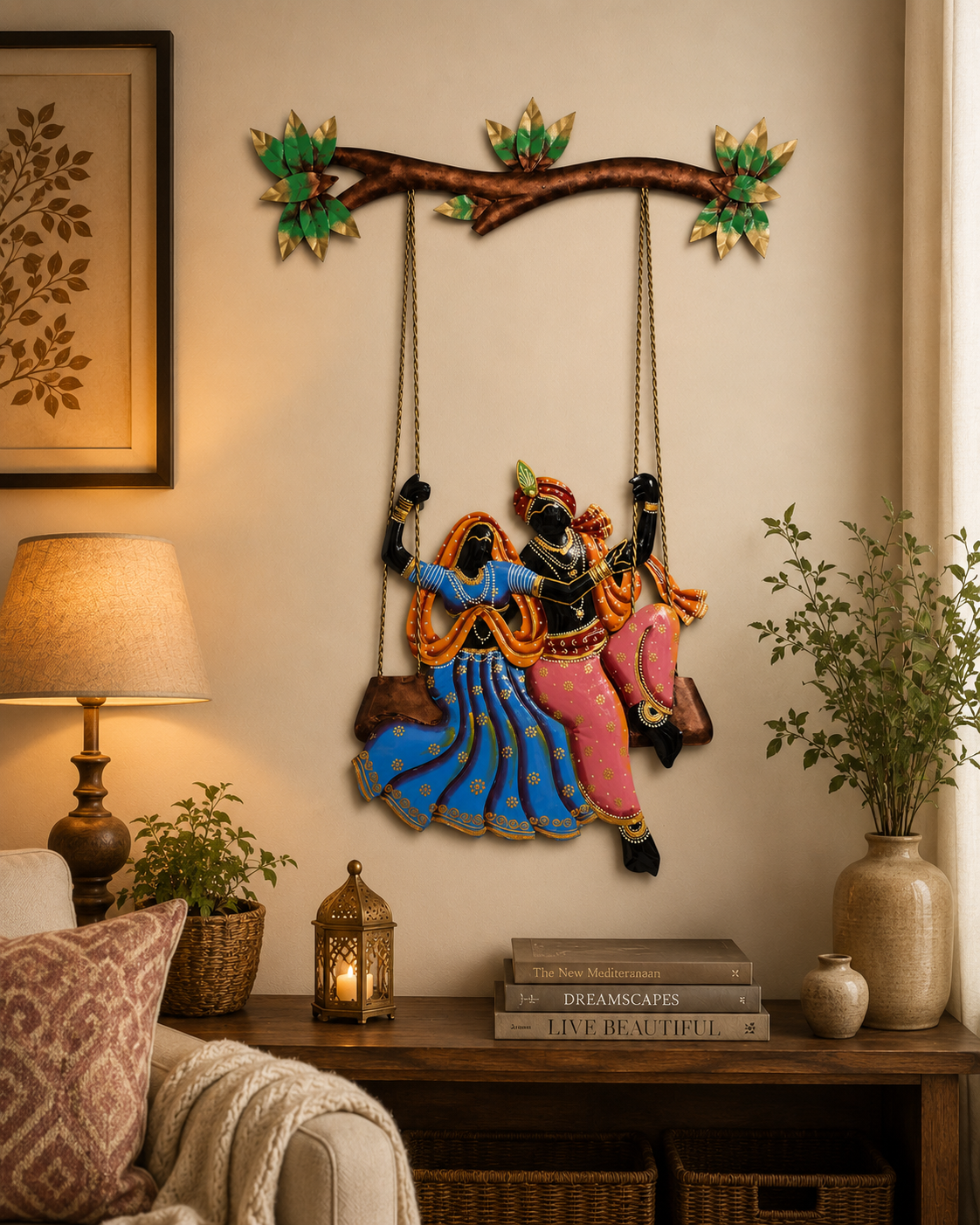 Metal Radha Krishna on Swing Wall Hanging Figurine Showpiece For Home Decoration
