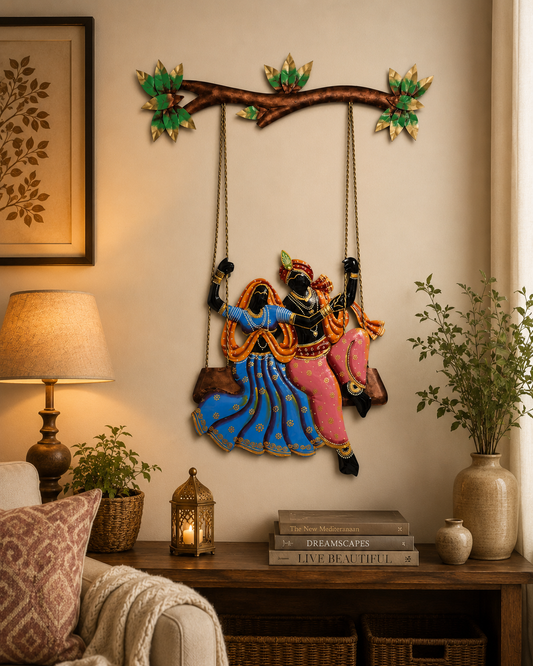 Metal Radha Krishna on Swing Wall Hanging Figurine Showpiece For Home Decoration