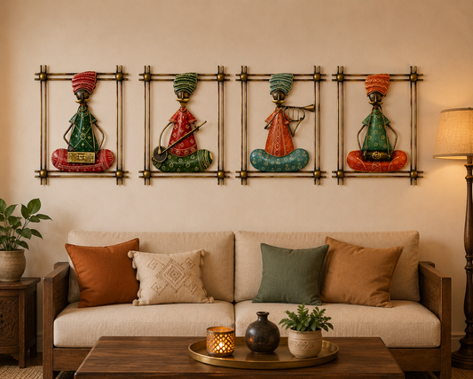 Indian Tribal Musician Metal Wall Art Handcrafted Home Decor Set of 4