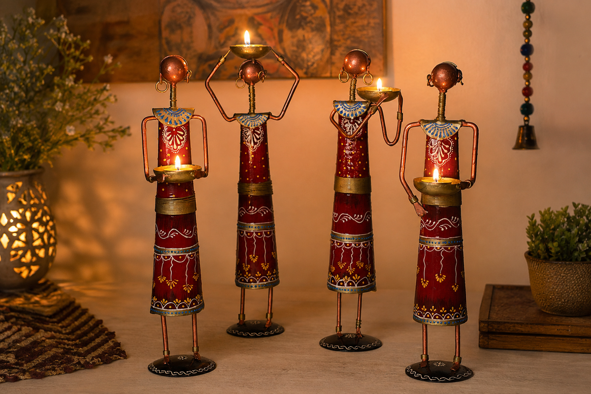 Handcrafted Metal Tribal Lady T-Light Candle Holders Indian Figurines, Set of 4