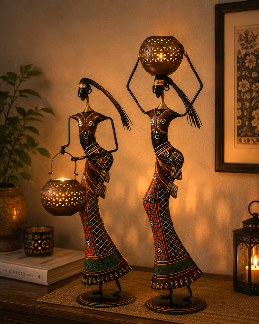 Metal Tribal Lady Figurines T-Light Candle Holders Table Decor Set of 2